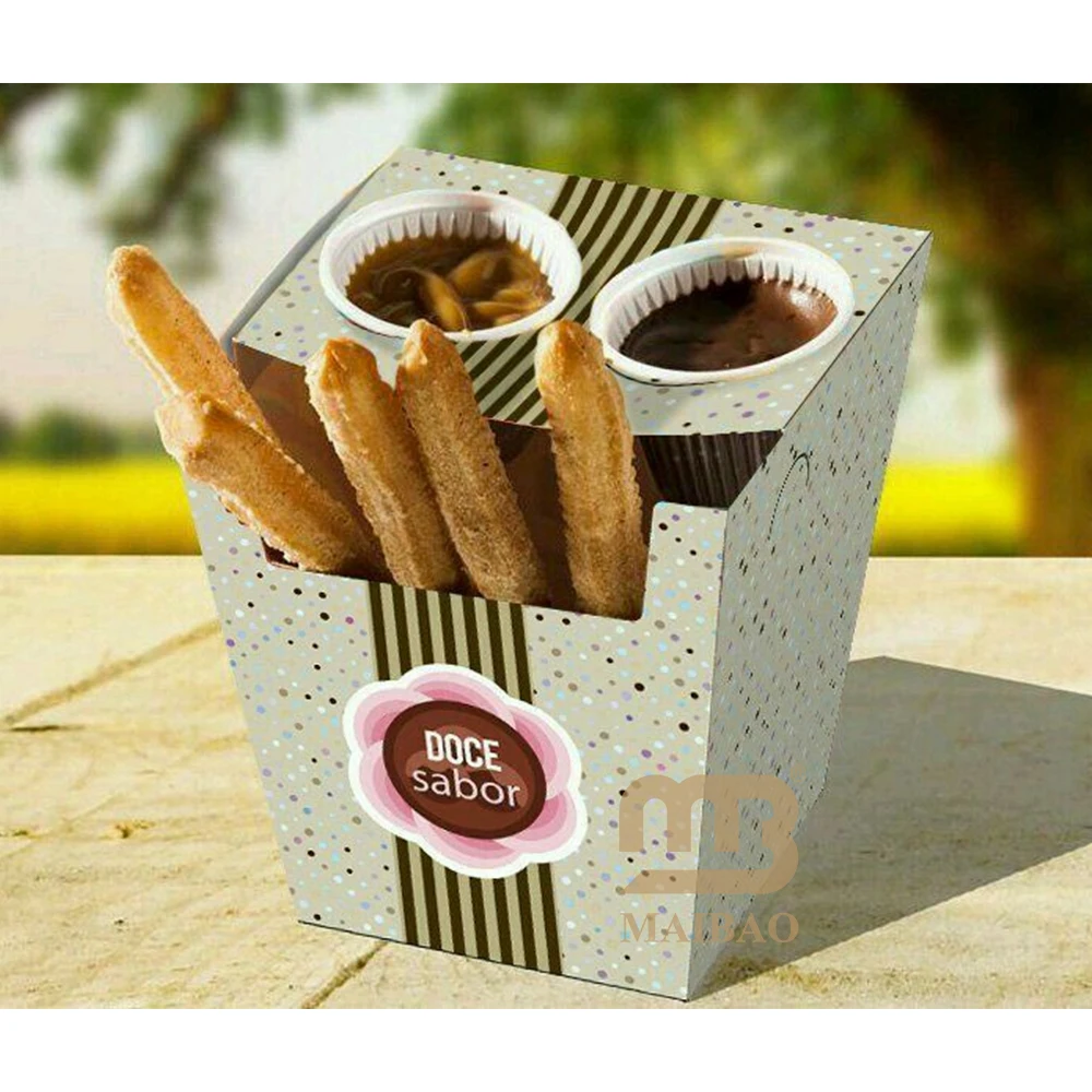 custom logo french fries paper cone with Ketchup Sauce tray divider compartment waffle packaging conicals takeout churros box