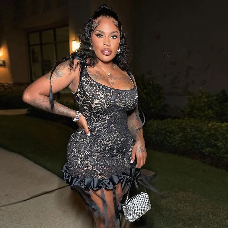 DG5313C Sexy Bow Ribbon Dress Summer Women See Through Chic Hem Coquette Concert Birthday Party Clubwear Evening Mini Bodycon