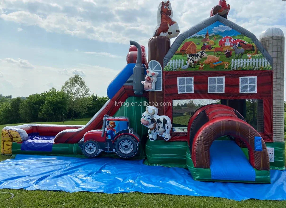 Farm House Outdoor Games Jumping Bouncing Castle With Inflatable Slide For Kids
