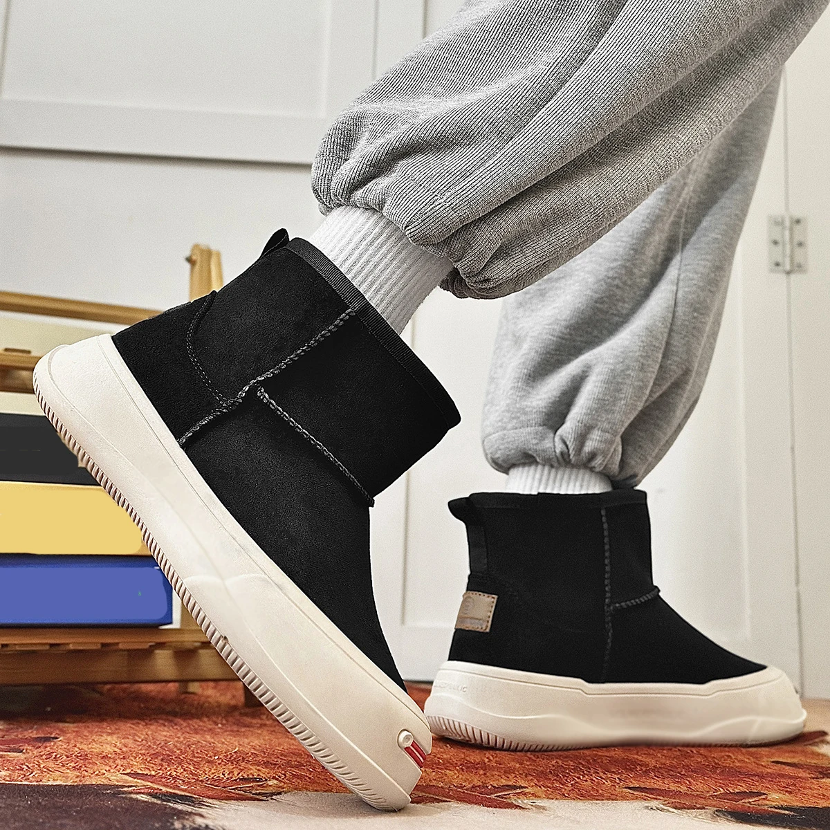 Autumn/winter Plus Size Trendy Black Sports High Top Shoes Warm Thick Walking Cotton Shoes Height Increasing Men Flat Shoes