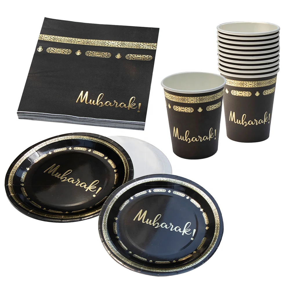Gold Foiled Disposable Mubarak Tableware Ramadan Kareem Eid Plate Cups Napkins Black Umrah Mubarak Paper Plates