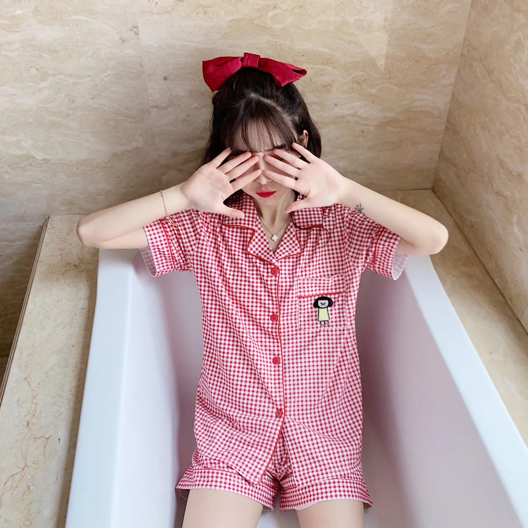 2021 New Short Sleeve Pajamas Set for Women Polyester Silk Sleepwear 2Pcs Nightwear Cute Print Homewear Summer Lounge Pyjamas