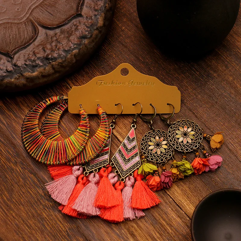 Boho Earring Sets Retro Tassel Earrings Set Flower Earrings Ethnic Bohemian Jewelry Women