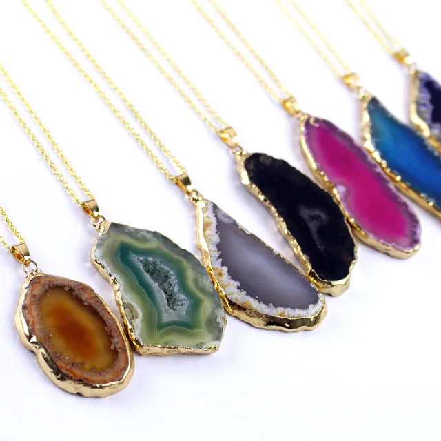 Wholesale Charm natural crystal stone blue pink pendant agate slice pendants for women necklace DIY jewelry