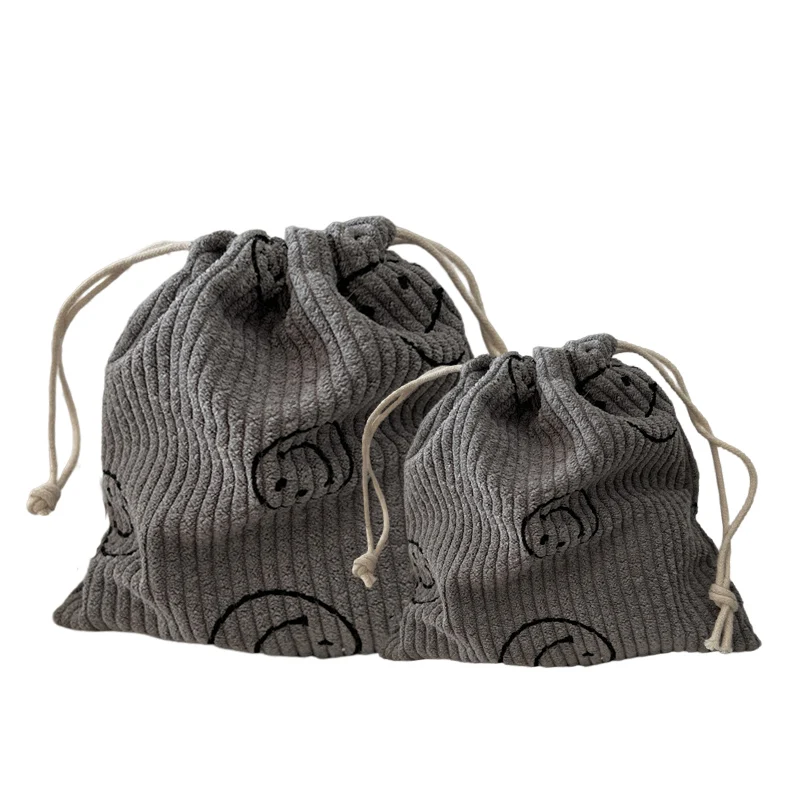 Custom Logo Reusable Soft Fabric Gift Jewelry Packaging Bag Smile Corduroy Drawstring Bag