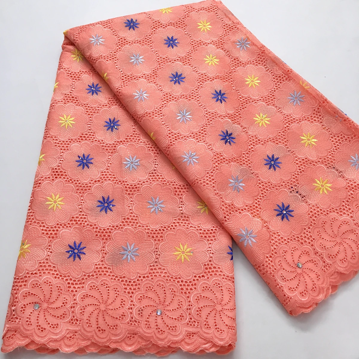 Wholesale Plain African Swiss Cotton Lace fabric with Rhinestones 5 Yards Embroidery Lace  for Women Party Dresses Sewing 3998