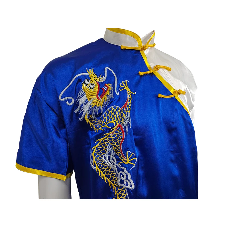 Chinese Traditional Dragons Embroidery Comfortable Soft Touch White Blue Irregular Kungfu Wears