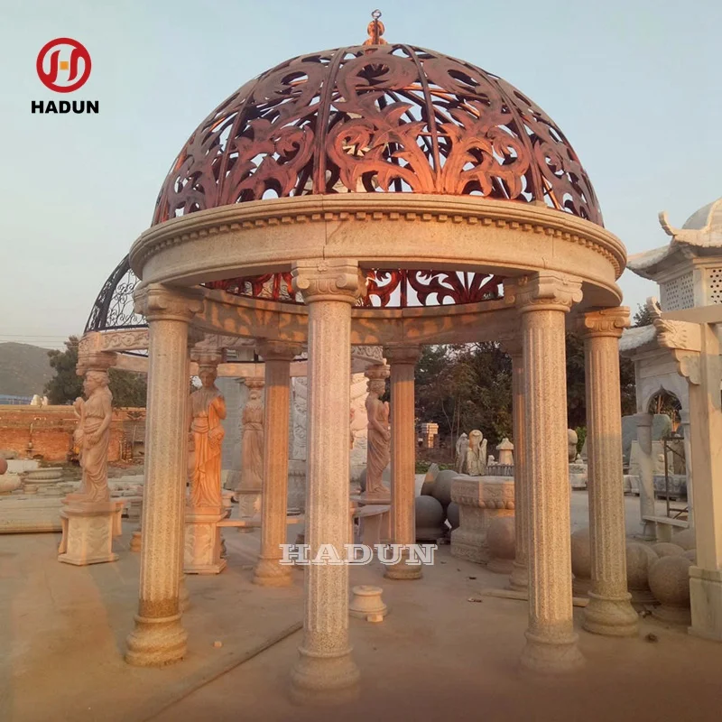 Outdoor Garden Beige Sandstone Marble Gazebo with Iron Roof