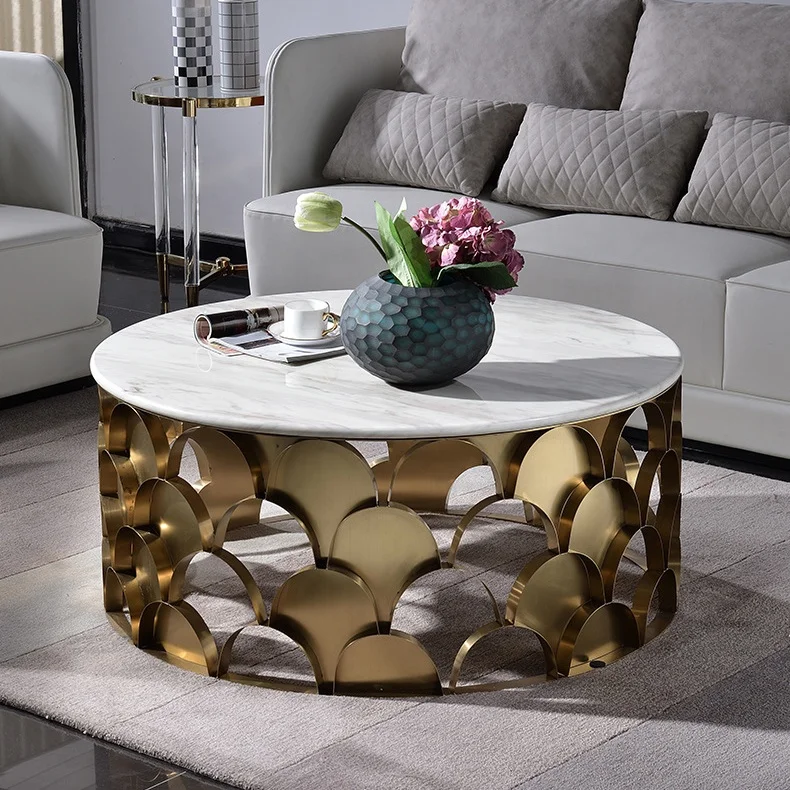 Luxury round gold fish scale stainless steel shaped marble coffee table for home hotel living room cafe table furniture
