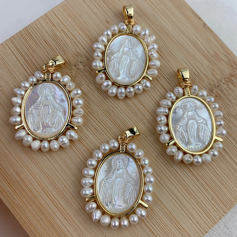 Fashion Pearl White Mother of Pearl Shell Pendant Carved Religious Virgin Mary Charm Necklace