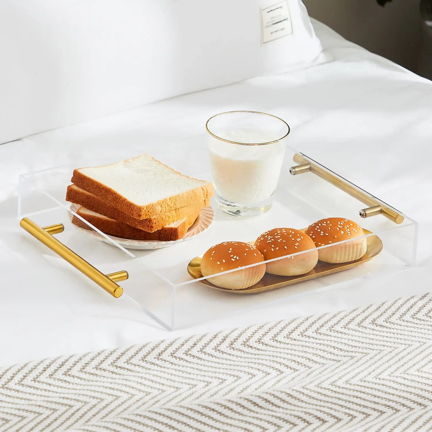 Fashion Acrylic Clear Tray Custom Clear Acrylic Tray Rectangular Tray With Gold Handle