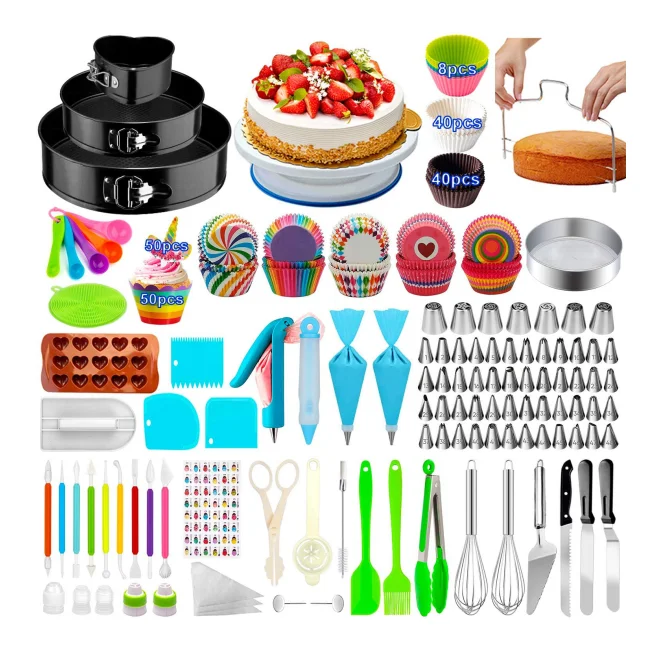 493 PCS Cake Decorating Kit 3 Packs Springform Cake Pans / Cake Rotating Turntable / Baking Supplies/Cupcake Decorating Kit
