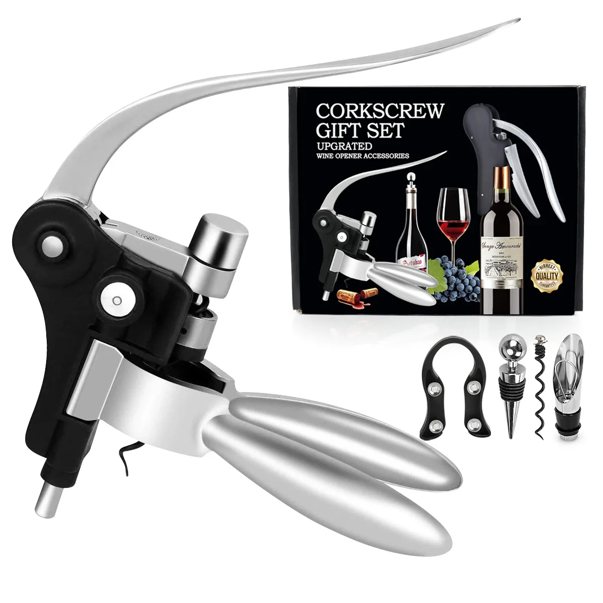 Easy Lever Wine Corkscrew with No-Stick Worm,  6-Piece Wine Bottle Opener Set with Foil Cutter Bottle Stopper Pourer