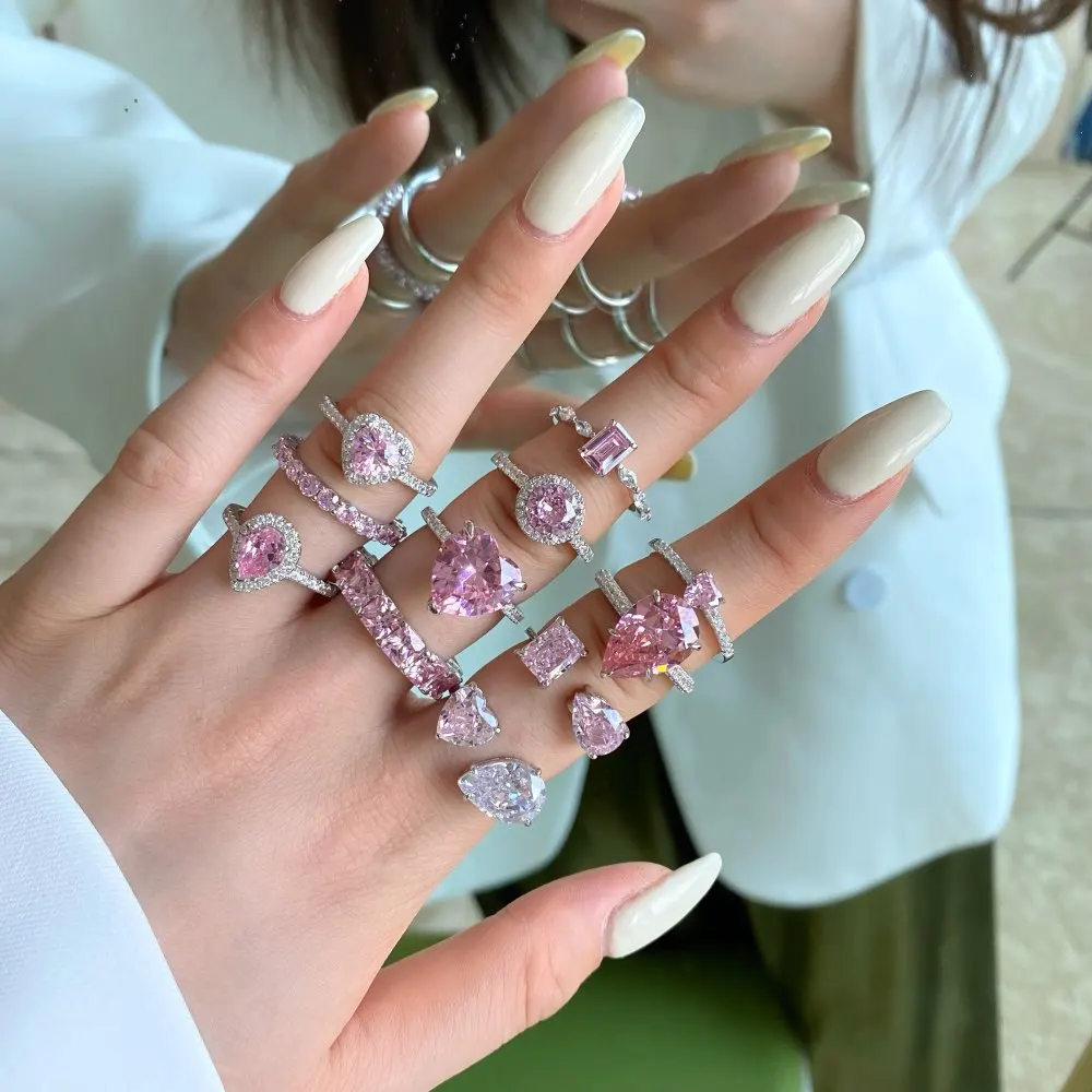 S925 Sterling Silver Ring Female Water Drop Cute Peach Heart Temperament Square Diamond Pink High Carbon Diamond Ring