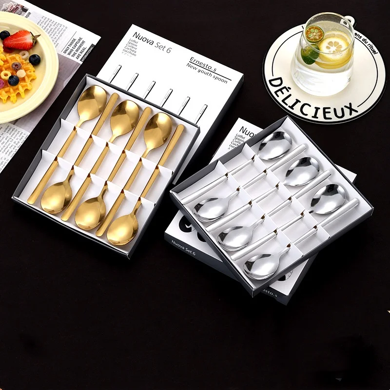 Stainless Steel Korean Style Small round Spoon Coffee Milk Tea Stir Small Spoon Ice Cream Dessert Spoon Long Handle Golden