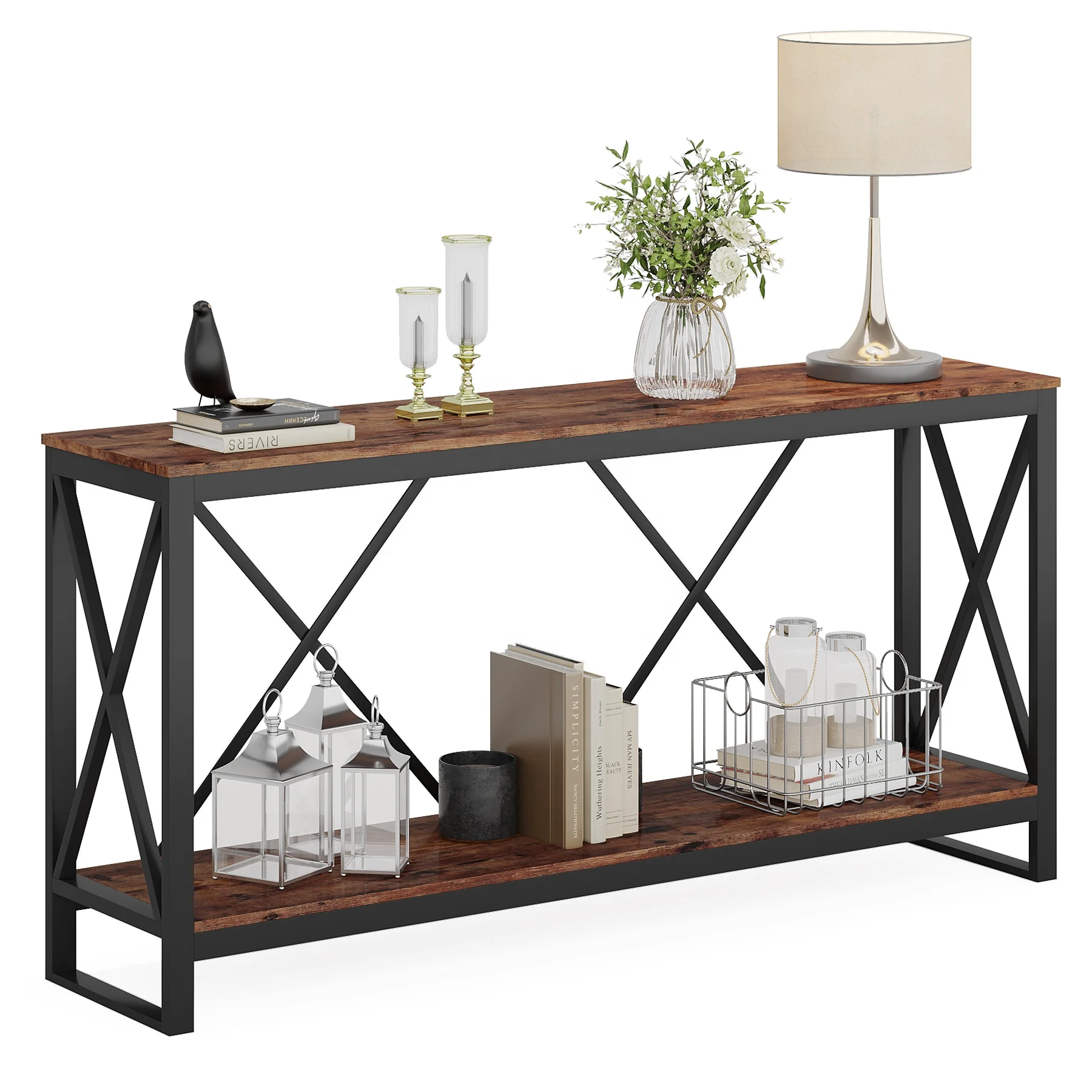 Tribesigns Industrial Long and Narrow Console Table with 2 Open Display and Storage Shelves for Living Room Furniture