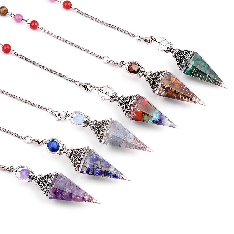 High Quality  Natural Amethyst Gemstone Cutting Six-Sided Pyramid Resin Pendant with Sterling Silver Chain Pendant Accessories
