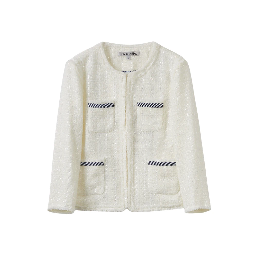 
Beige Color O Neck Vintage Elegant Design Good Quality Tweed Jacket Office Lady Style Coat 