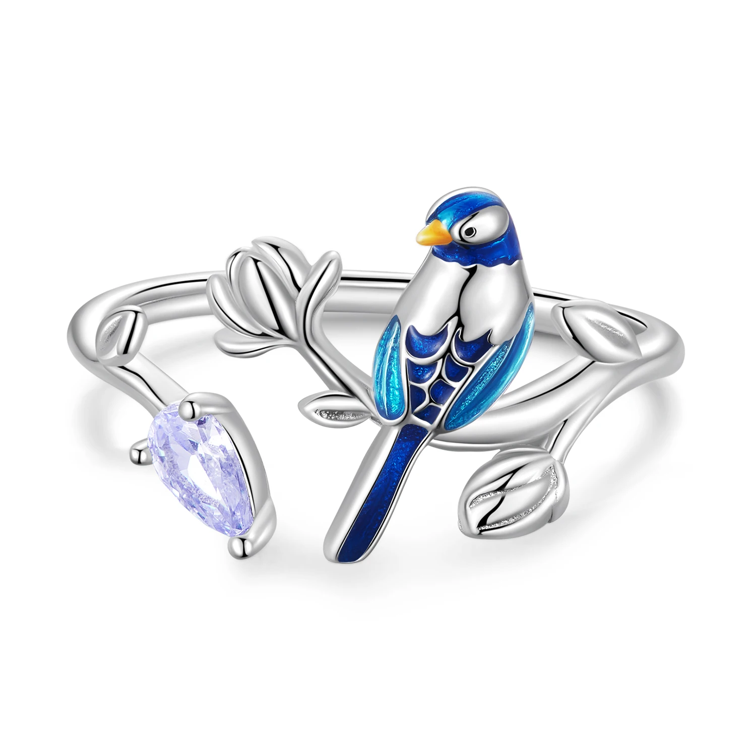 Enamel Bird Flower Ring Plated Platinum Jewelry Rings 925 Sterling Silver Adjustable Open Ring for Girls