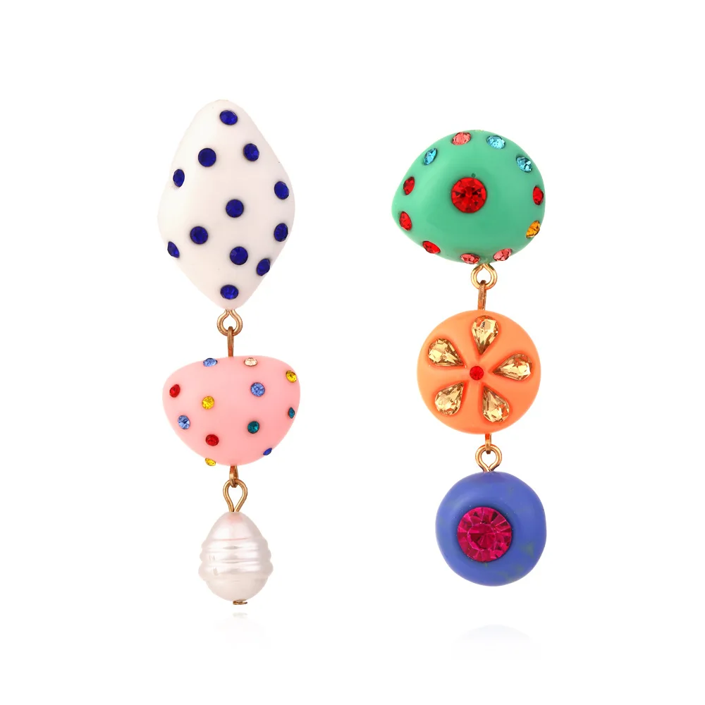 Vacation Style Colored Rhinestone Earrings Asymmetrical Long Earrings Candy-colored Drop Resin Earrings for Women Girls