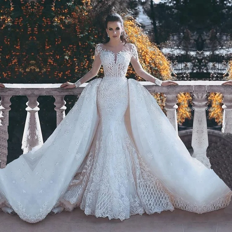 Manufacturer factory  sexy luxury Bridal  Gown Elegance  long sleeve Mermaid Wedding dress With Detachable China supplier