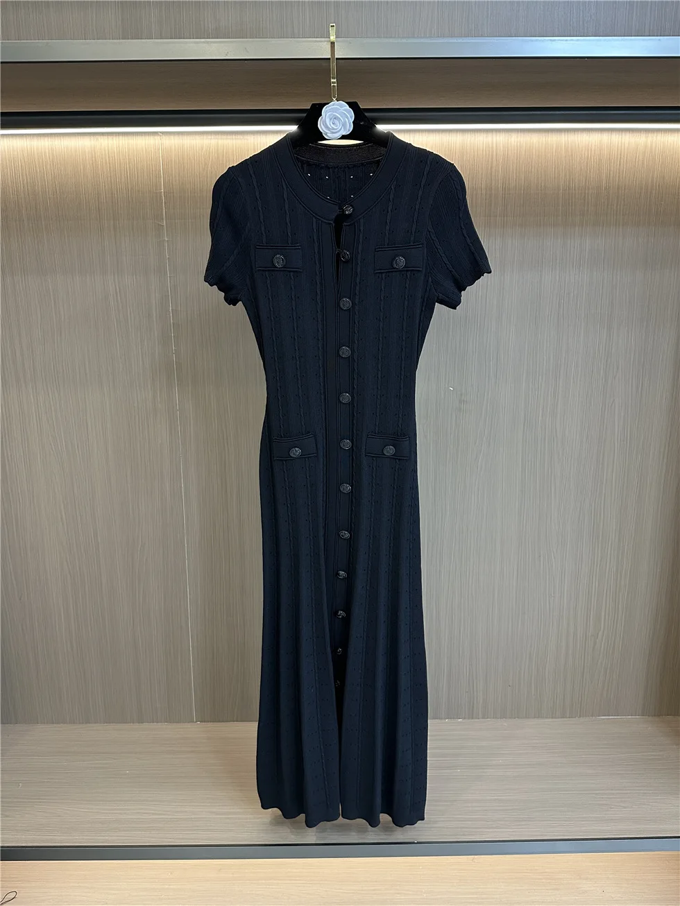 GX-Newest Autumn Fall Women Knit Short Sleeve Single-breasted O-neckline Ladies Fitted and Flared Fashion Long Solid Dresses