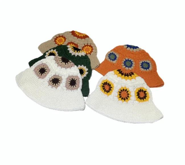 Colorful Knitted Bucket Hats Floral Crochet Hats Hand Made Cloche Cap Knitting Cap Beanies