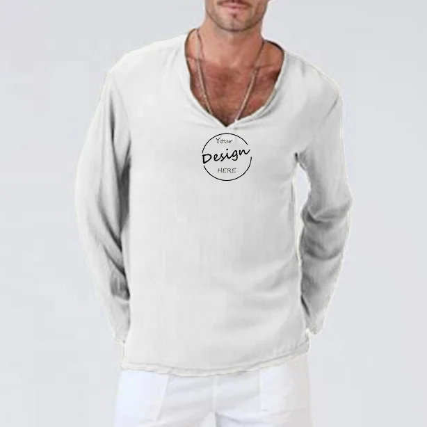 custom white streetwear manufacturers breathable full sleeve men long shirts v-neck blank casual cotton linen fabric tshirt