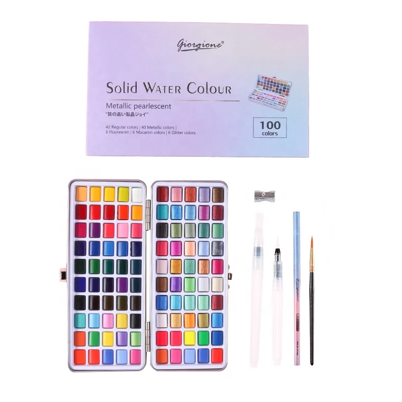 Giorgione Prime Quality 100 Colors Metallic Solid Watercolor Paint Set for All Levels Water Color Painting