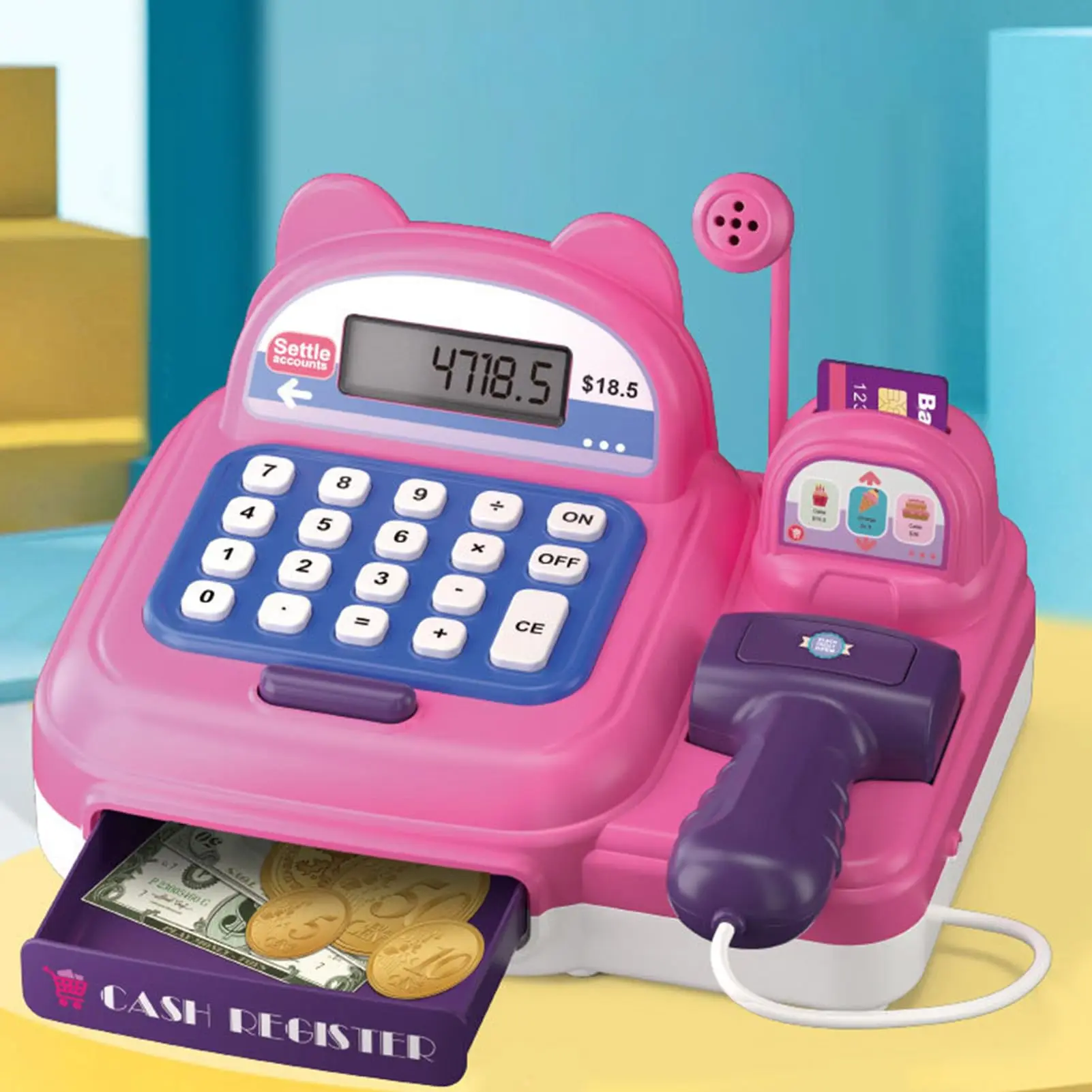 EPT Kids Pretend Play Preschool Supermarket Toy Cash Register Toys with Handheld Scanner Live Microphone Calculator
