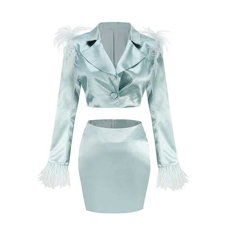 2022 High Quality Mini Skirt Suit Satin Feather Long Sleeve Lapel Two Piece Set Women Blazer Set