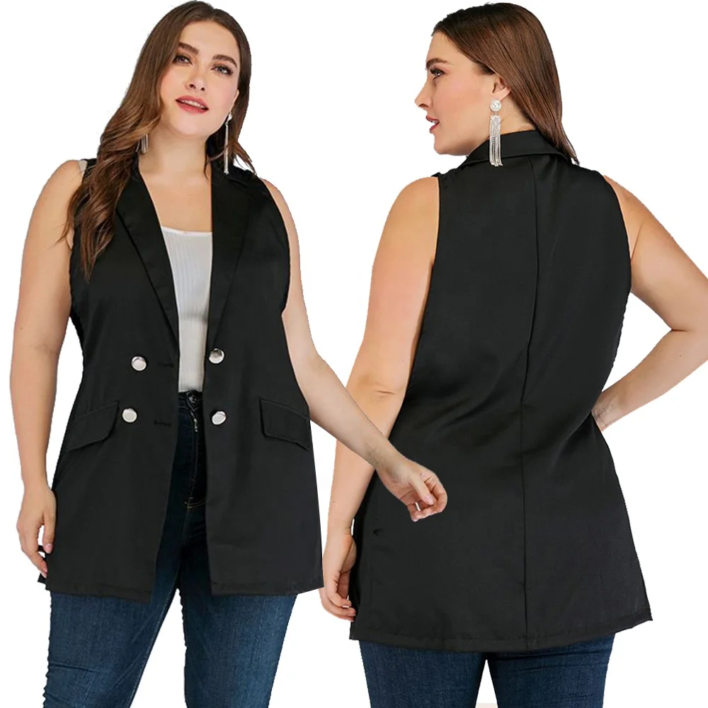 
Solid new style suit collar fashion double breasted loose vest women fashion sleeveless jacket plus size female clothing 