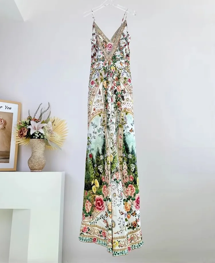 100%Silk Long Dress 2024 Summer Luxury Women Colorful Floral Print Beading Deco Sleeveless Casual Floor Length Dress Beach Maxi