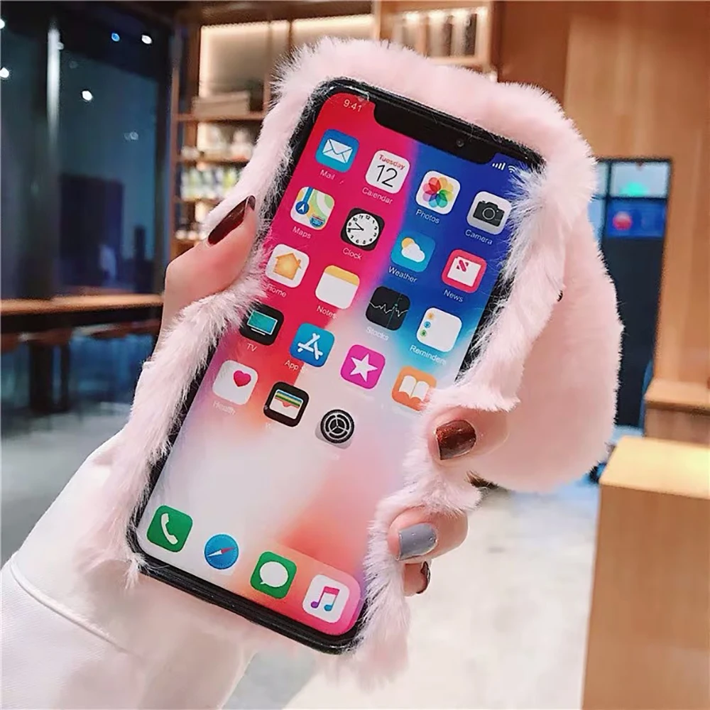 Lovely Girly Women Pink Rabbit Ear Mobile Phone Case Plush Soft Warm Cute Fur Fluffy Cell Phone Case For IPhone 13 pro