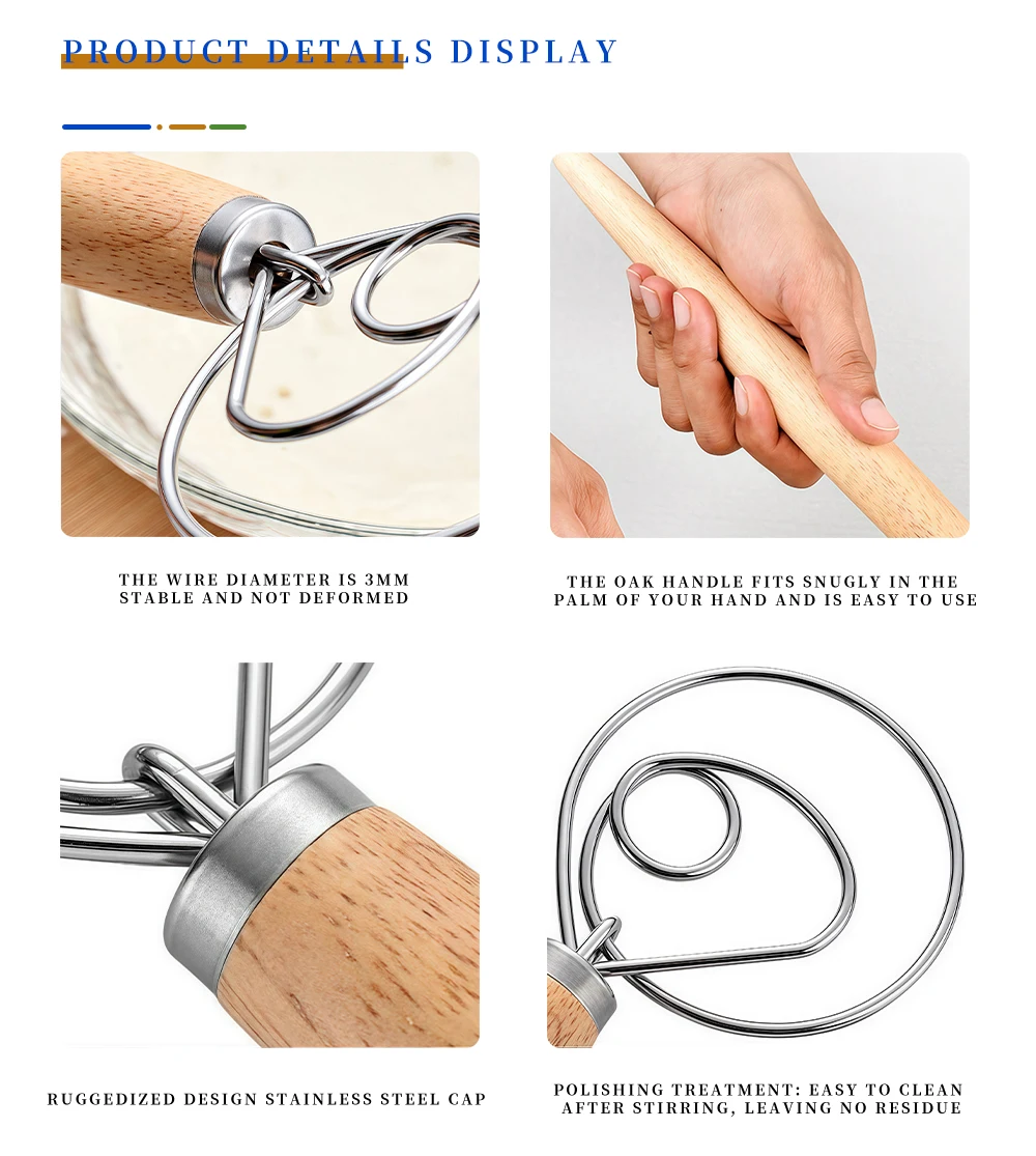 XL Baking Tools Cake and Pastry Wooden Handle  Stainless Steel Bread Danish Dough Whisk Blender Dutch Bread Mixer