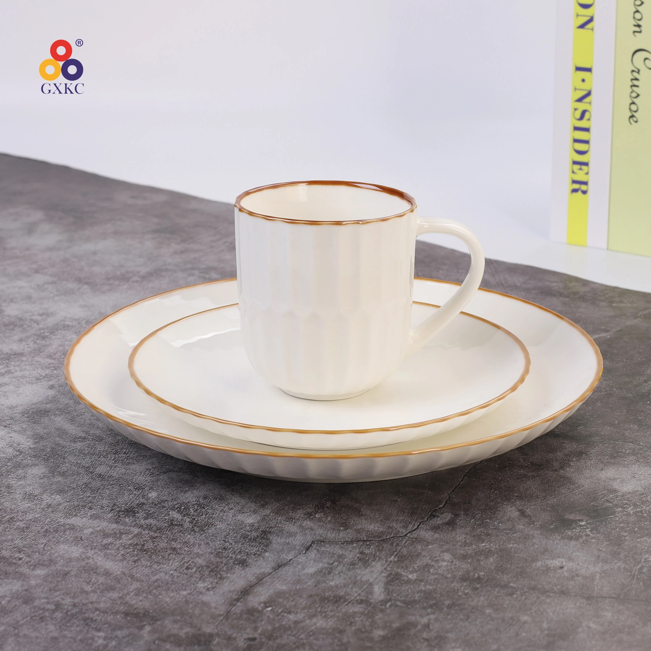 Sanhuan White Glossy Surface Porcelain Emboss Dinner Plate with Brown rim Ceramic Party Dinner Dishes Plates