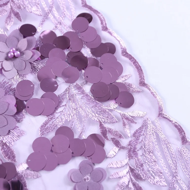 Elegant Applique Lace Purple 3D Beaded Sequin Embroidery Transparent Mesh Fabric