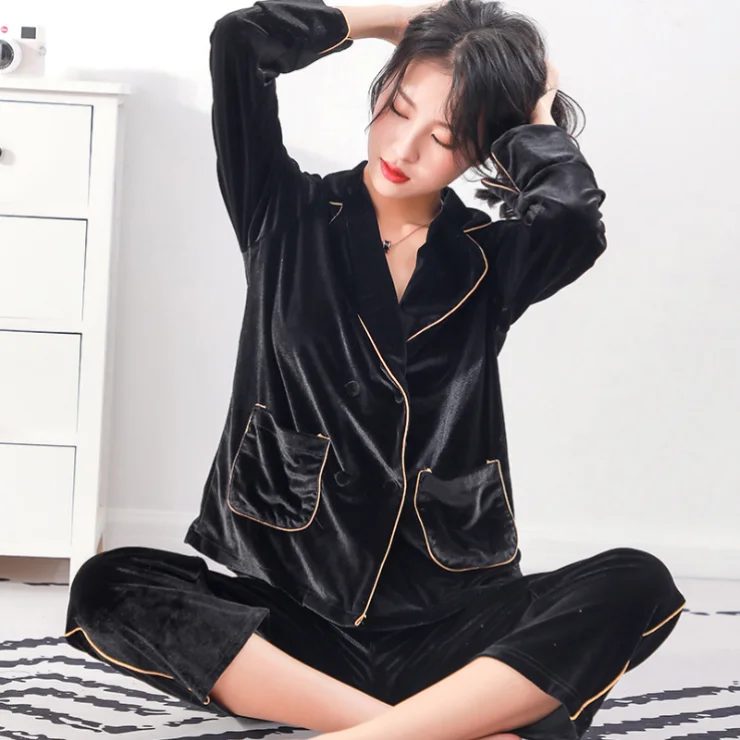 Velvet Pajamas Women Suit Long-sleeved Two-piece Plus Size Pajamas Sleepwear for Women Women Sexy Nightwear Robe Sets Plain Dyed