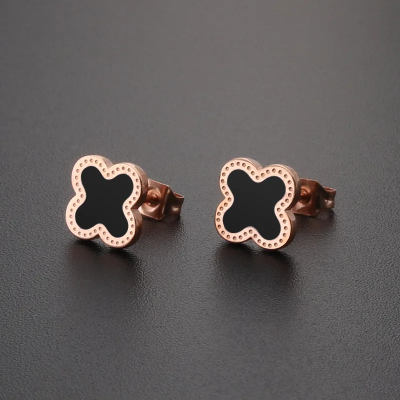 Hot selling Classic Design Rose Gold Stainless Steel Stud Four-Leaf  Clover lovely stud  Earrings For Women
