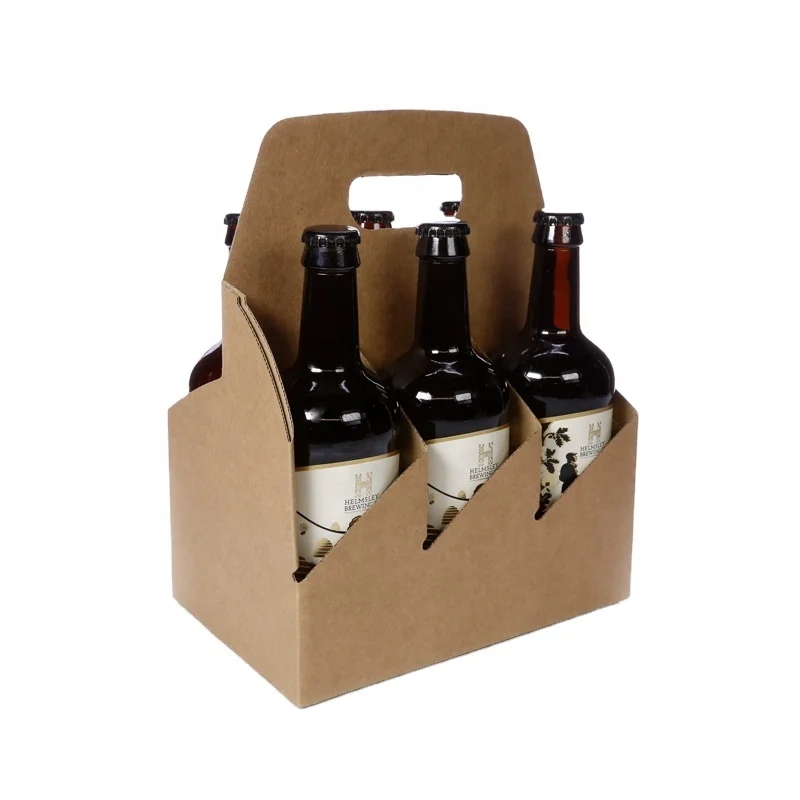 Custom Wine Kraft Corrugated Paper Packaging 6 Pack Beer Bottle Carrier Packaging Box With Handle For Wine Packaging Box