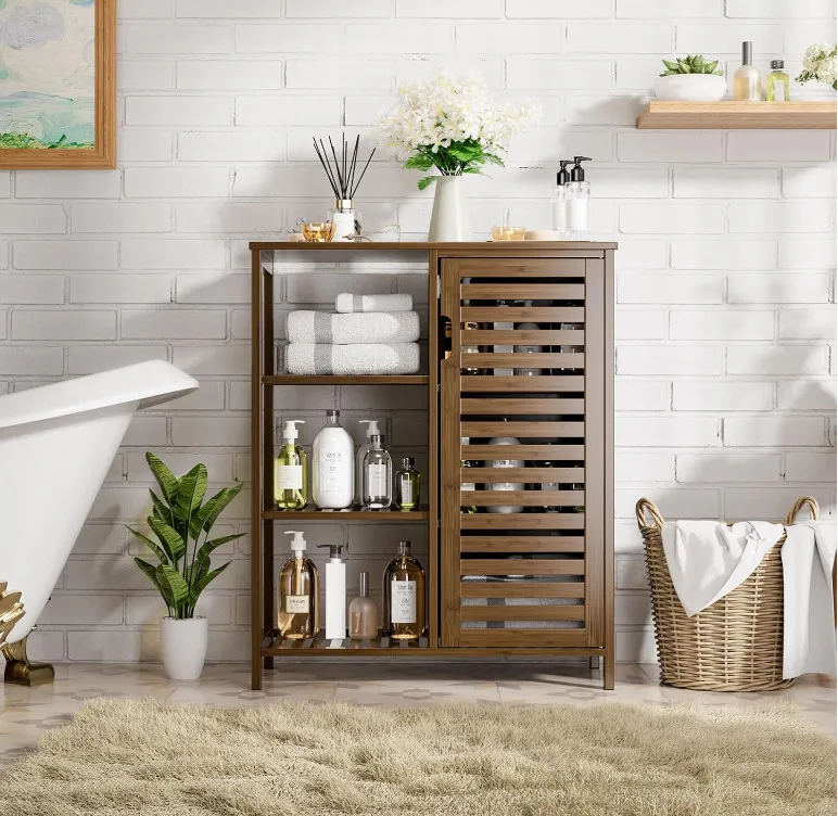 High Quality Bamboo Kitchen Cupboard Side Storage Organizer Free Standing Floor Cabinet Bathroom Storage Cabinet