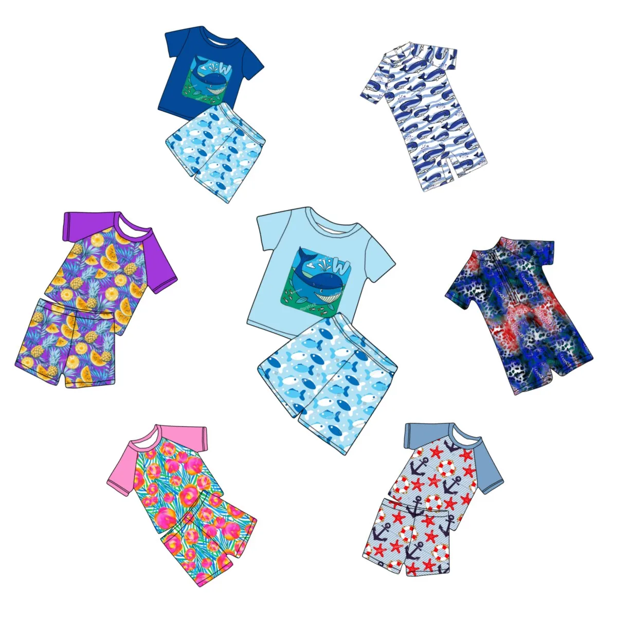 Yiwu Yiyuan Garment custom OEM girls swimming costume 2 pcs shirt and shorts baby girl swimsuit kids little girls bathing suits