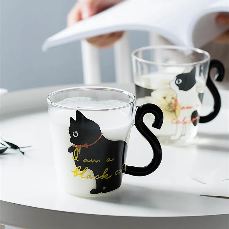 Wholesale animal design novelty gifts for women girls ,Hand blown Single wall borosilicate glass milk cup cute cat mug