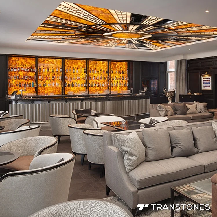 Polished Onyx Interior Decorated Translucent Yellow Alabaster Hotel Wall & Ceiling