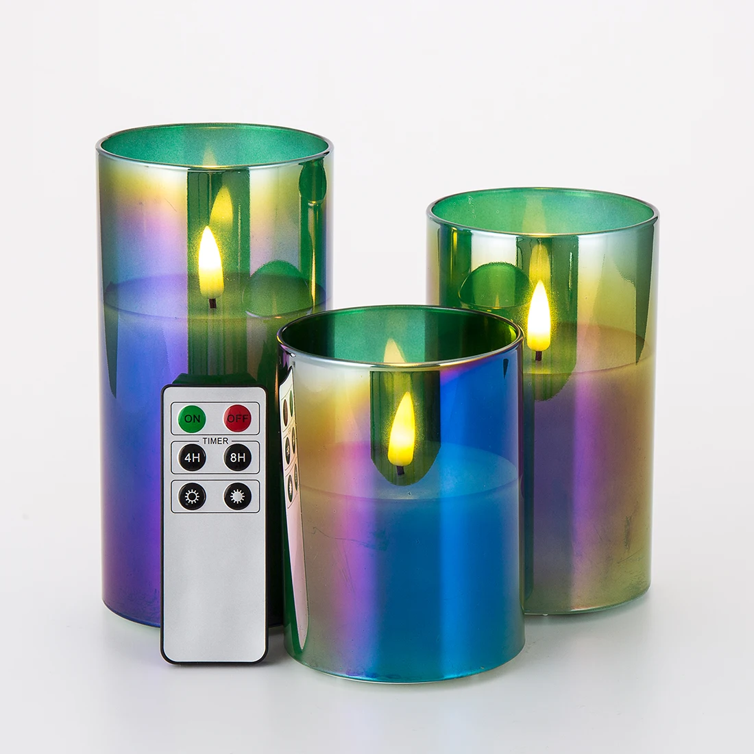 Wholesale 3d flameless Wedding pillar paraffin wax green glass led scented candles