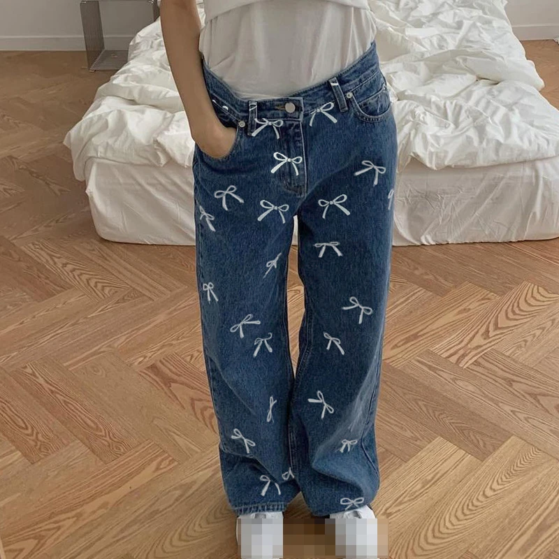 Fashion New Age Reducing Bowknot Printed Straight Jeans Women S All Match High Waist Loose Drooping Mop Wide Leg