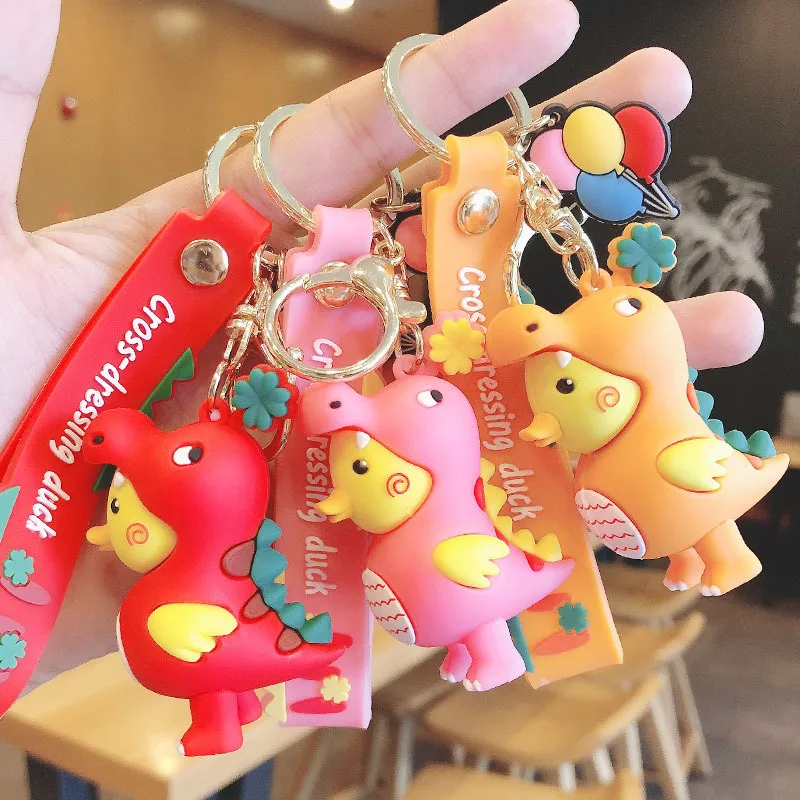 Hot Sale PVC Silicone Cartoon Dinosaur Duck Design Funny Key Chain Wholesale Custom Promotional Gift Car Bag Pendant Key Ring