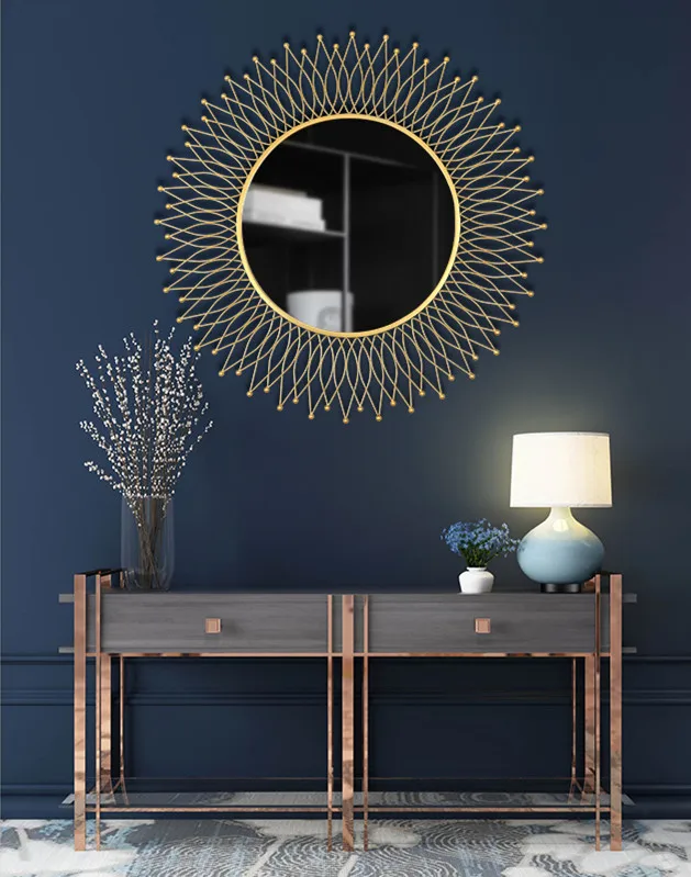 Fireplace and Cabinet Above 3D Metal Mirror Wall Hanging Artware Decoration