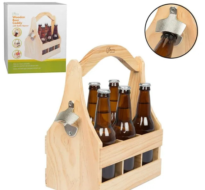 Customized high quality wooden beer bottle carrier with opener