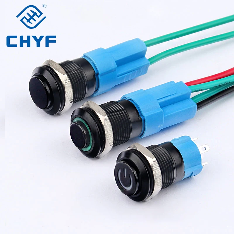 Black Metal Push Button Switch 12/16/19/22mm Waterproof LED Light Flat Power Momentary Reset Latching Fixed 6V 12V 220V 3A CHYF